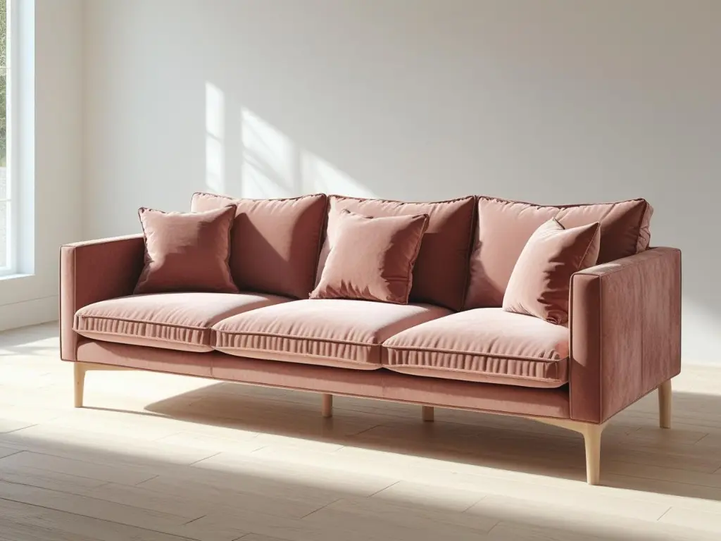 A modern 3-seater sofa in a minimalist living room. The sofa has clean lines, plush cushions, and a soft velvet texture. It sits on wooden legs and is placed against a plain white wall with light wooden (2).webp