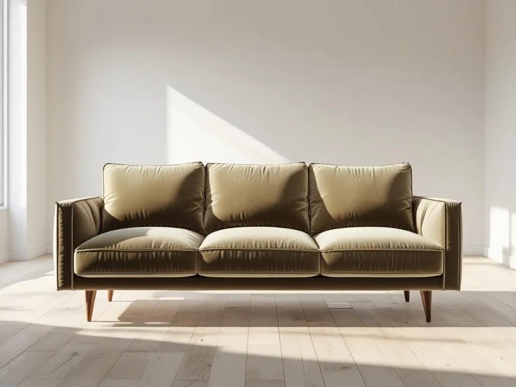 A modern 3-seater sofa in a minimalist living room. The sofa has clean lines, plush cushions, and a soft velvet texture. It sits on wooden legs and is placed against a plain white wall with light wooden flo.webp